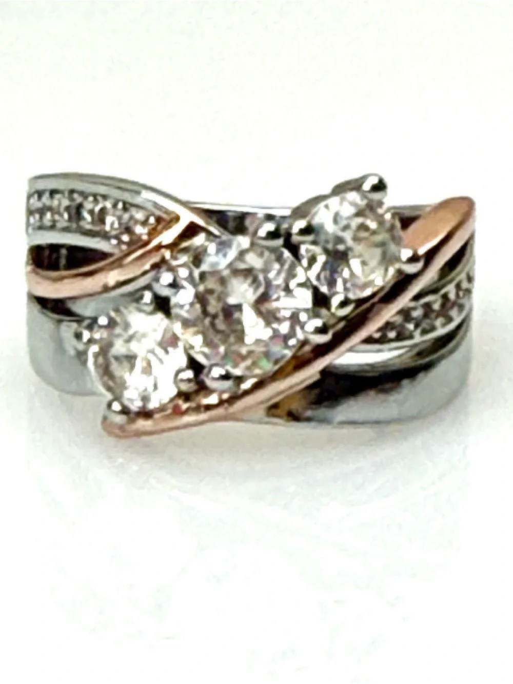 Silver & Rose Gold Two-Tone Cubic Zirconia Three-Stone Ring